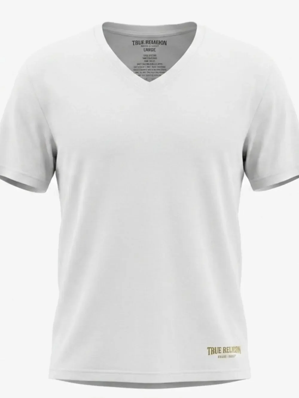 True Religion Gold Logo V-Neck T-Shirt White Graphic Print Men Size L